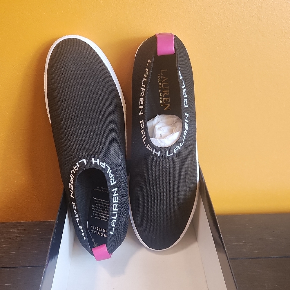 Polo Ralph Lauren Black Slip-On Sneakers with Pink Accent